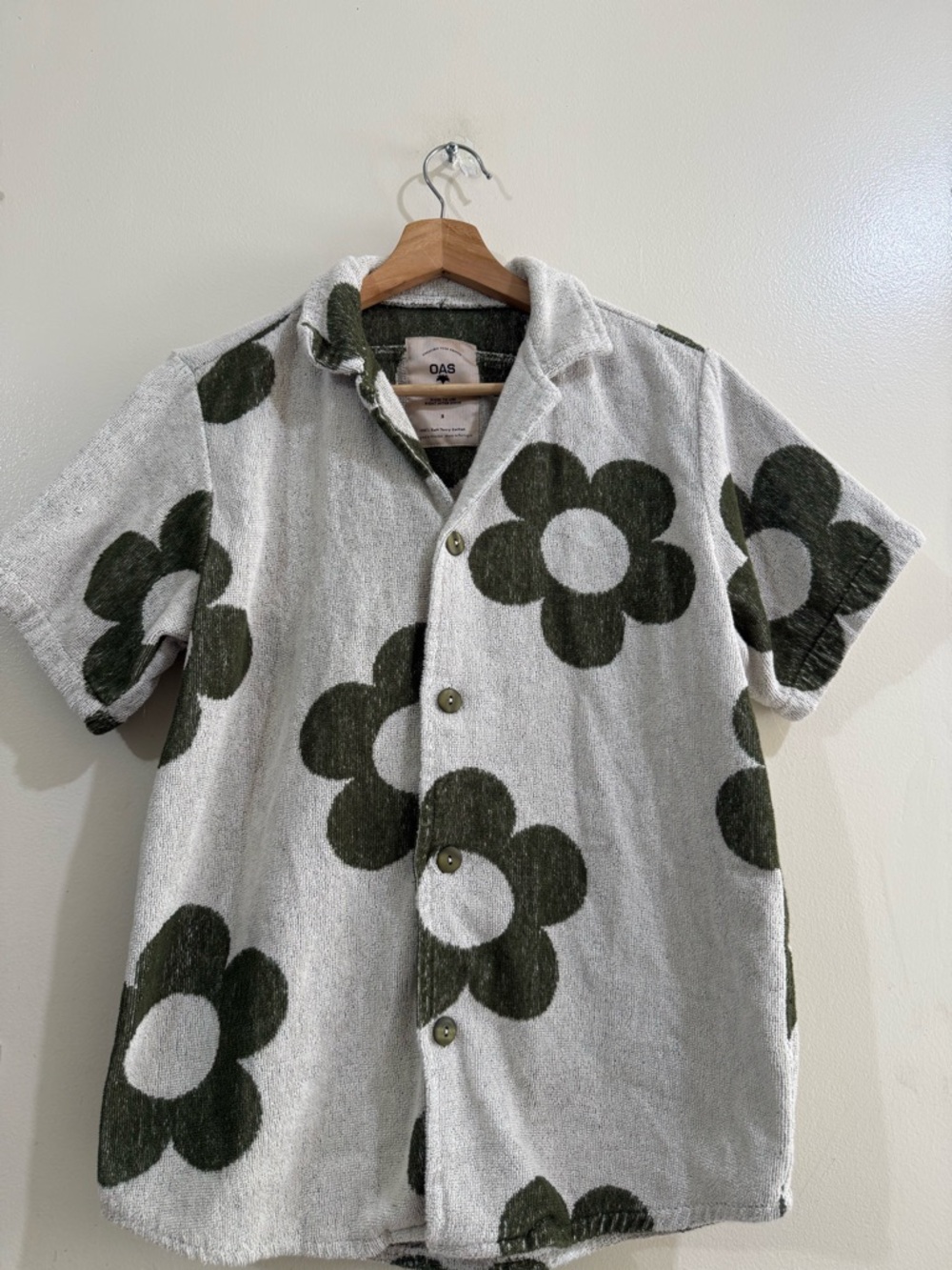 OAS Cream Shirt with Olive Green Floral Pattern